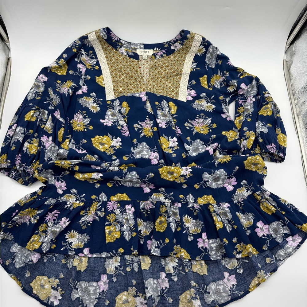 Umgee Navy/Gold Floral Boho High Low Tunic‎ Dress, Size Medium